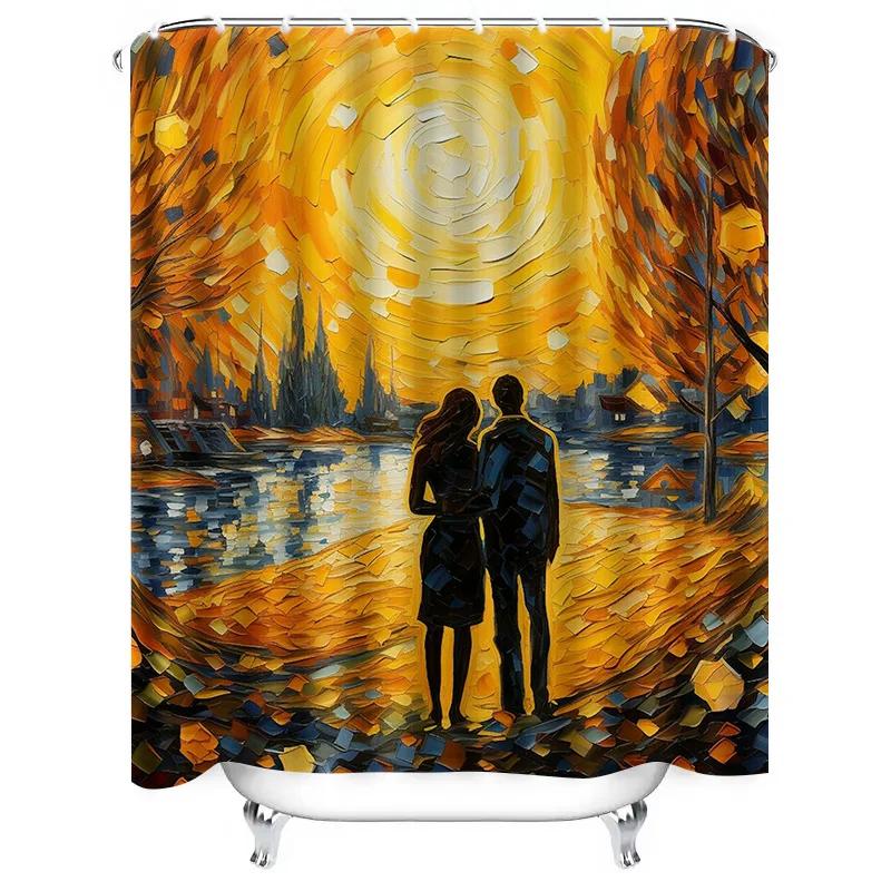 Romantic Couple Watching Sunset Waterproof Shower Curtain, Artistic Design for Bathroom Decoration, Add Warmth and Elegance