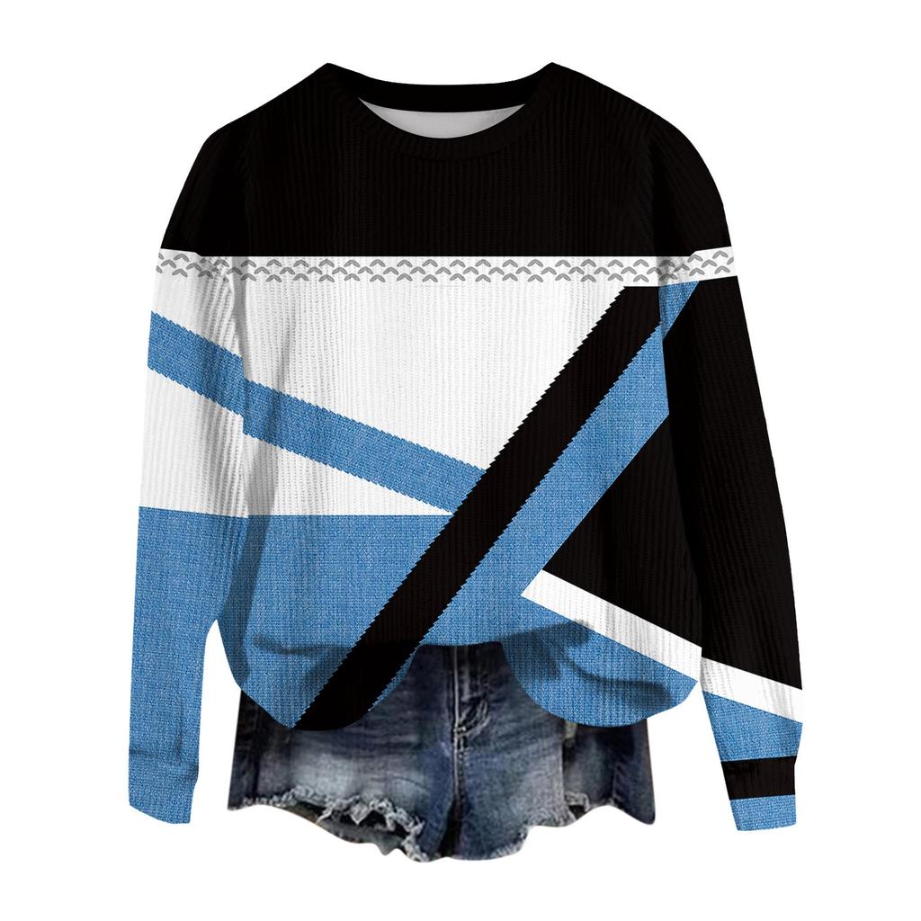 Women's Fashion Casual Long Sleeve Printed Round Neck Woolen Knit Pullover Top