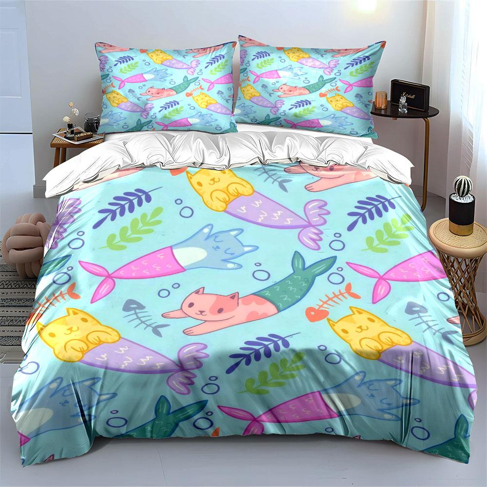 "Mermaid Cat Pattern Bedding Set" Bedding Set with 1 Duvet Cover 2 Pillowcases Single Double King Queen, Gift