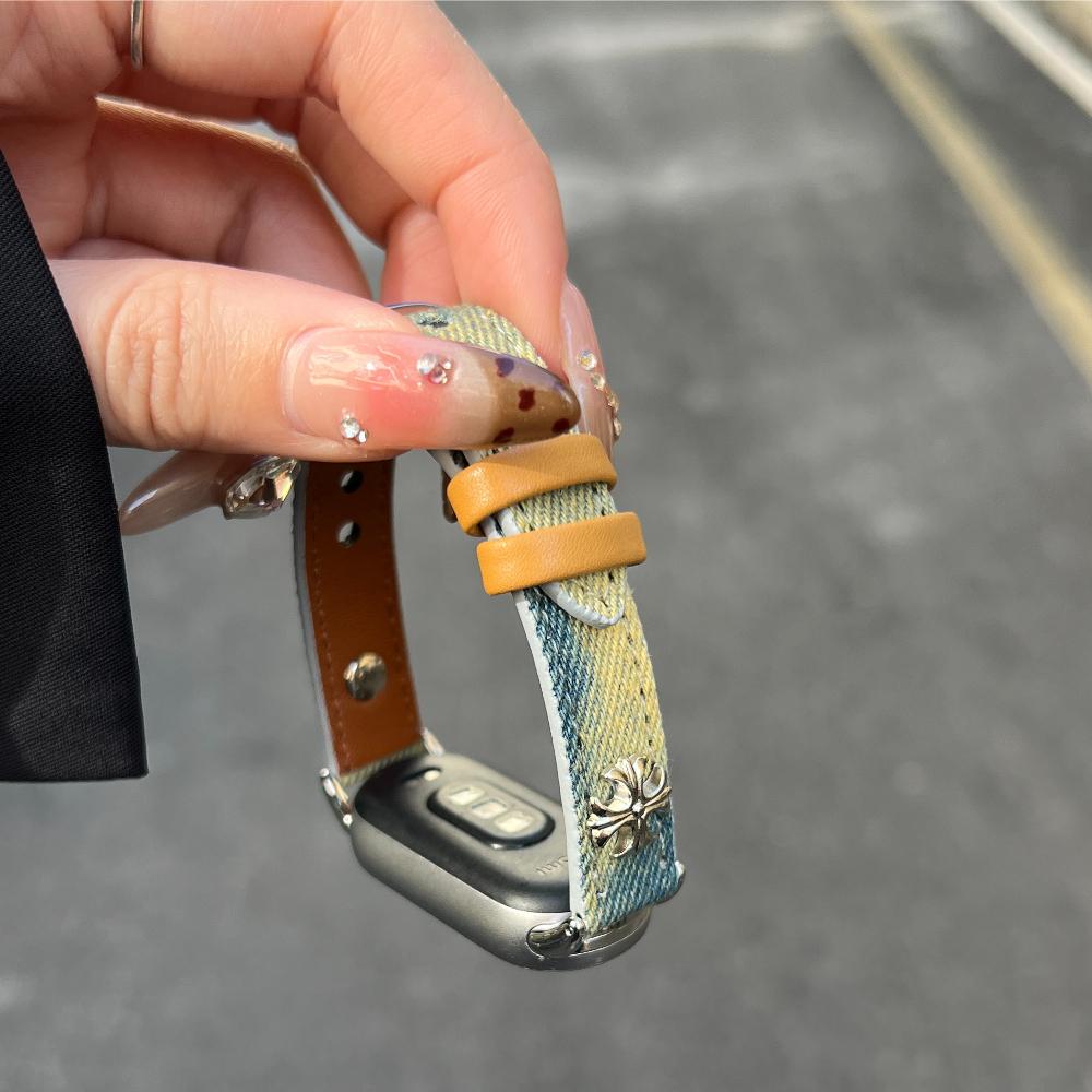 Для Xiaomi Smart Band 10 Модный женский холщовый + кожаный ремешок для часов Cowboy Cross-dye denim, совместимый с Xiaomi Mi Band 10/9/8
