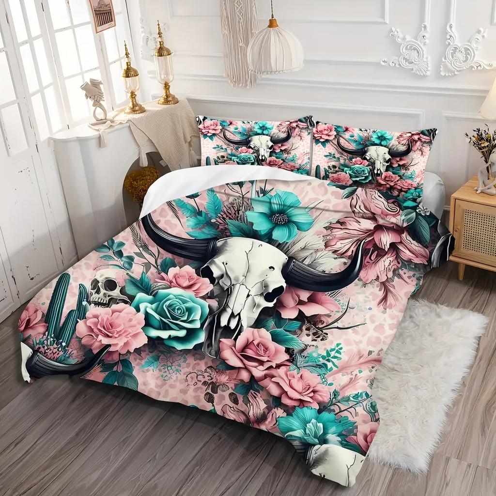 Bull Head Skull Flower 3D Printed Quilt Cover Set Vintage Style Soft Bedding Cover Home Polyester Textile Duvet Cover Pillowcase