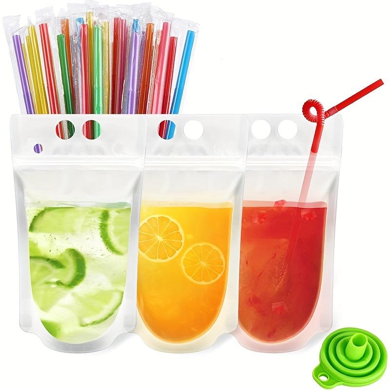 50 Beverage Bags, Juice Bags (with 100 Randomly Mixed Color Straws +1 Folding Funnel), Beverage Bags, Ice Sandbags