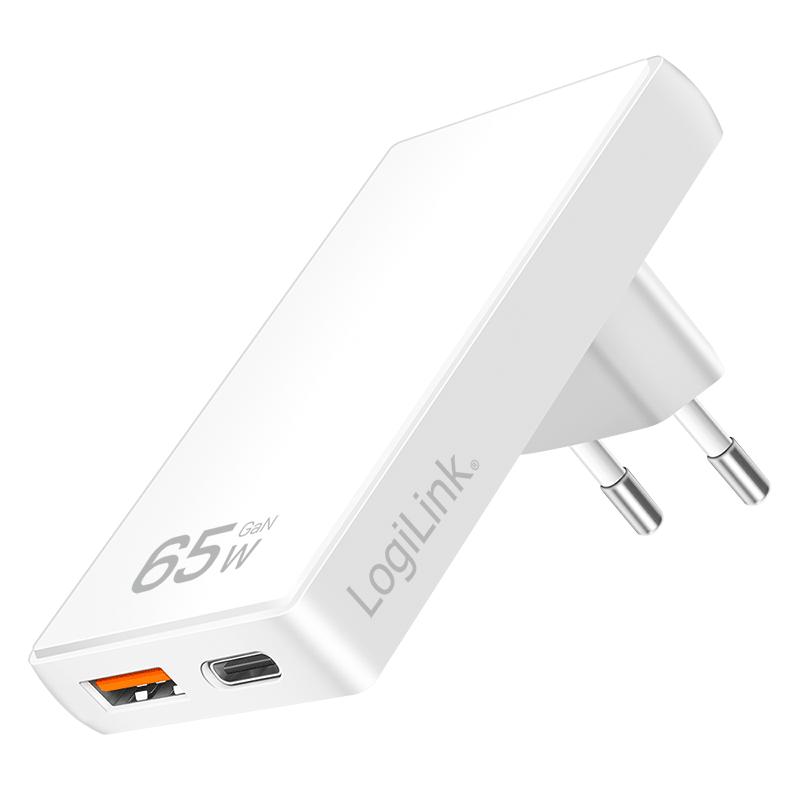 LogiLink 65W GaN Charger Flat Slim 1.4cm USB-C PD USB-A For Laptop