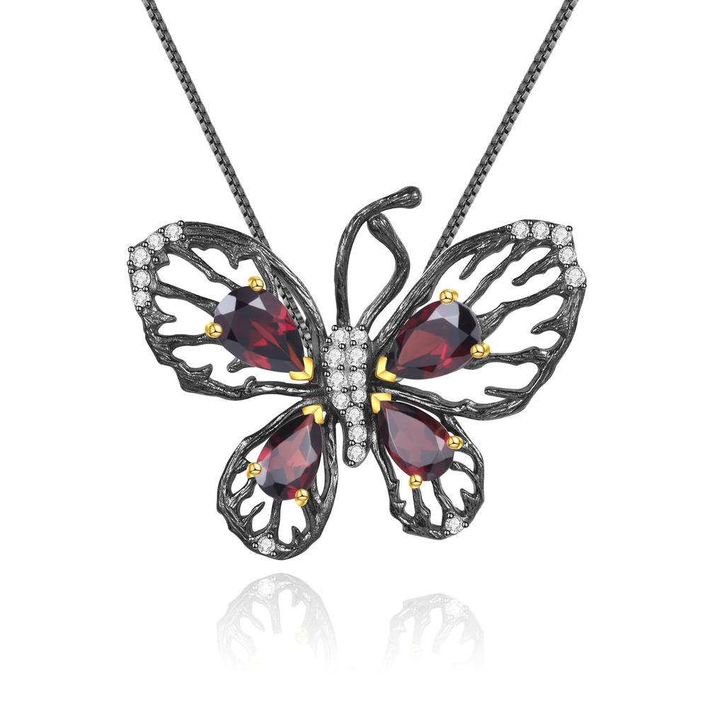 Original Designer Natural Garnet Butterfly Pendant, Luxurious and High-end 925 Silver Natural Gemstone Necklace Pendant