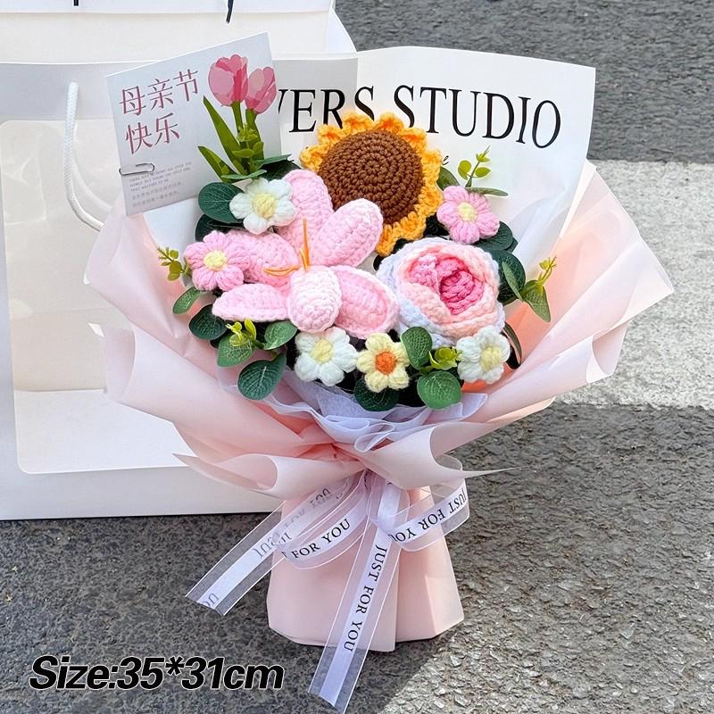 Pink Crochet Flower Bouquet Handmade Knitted Flowers Crochet Lily Roses Sunflowers Bouquet Birthday Graduation Mother's Day Gift
