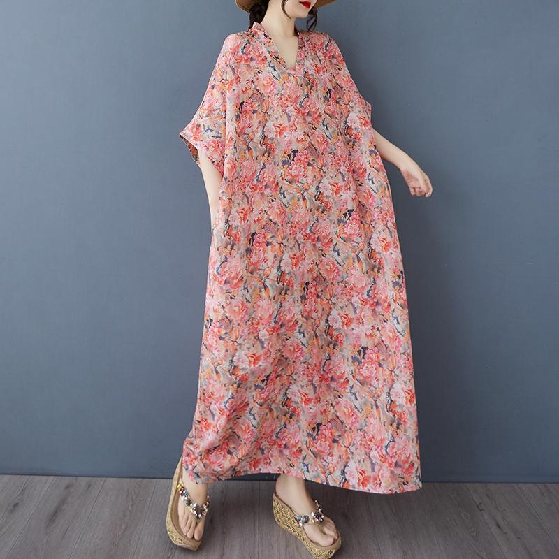 Dimanaf 2025 Summer Plus Size Dress Women Casual V-Neck Vintage Shirt Dress Loose Basic Printing Dress