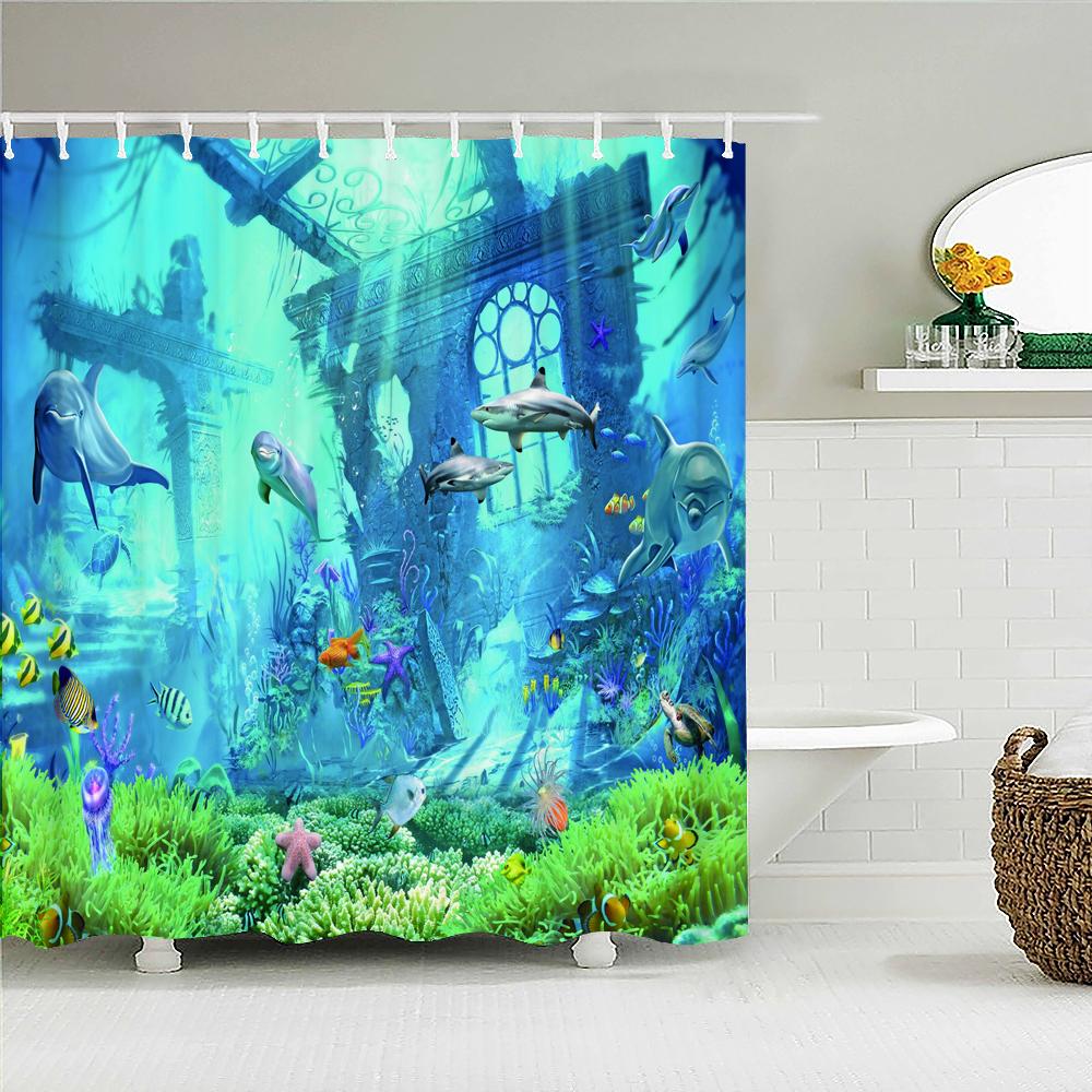 Cartoon Dolphin Shower Curtain Waterproof Home Decoration Curtain Ocean Sea Beach landscape Printed Bathroom Curtain With Hooks