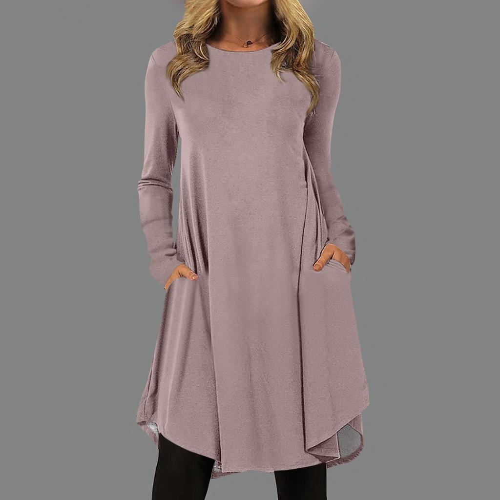 Женская мода повседневное сплошной цвет пуловер с круглым вырезом свободное платье с длинным рукавом