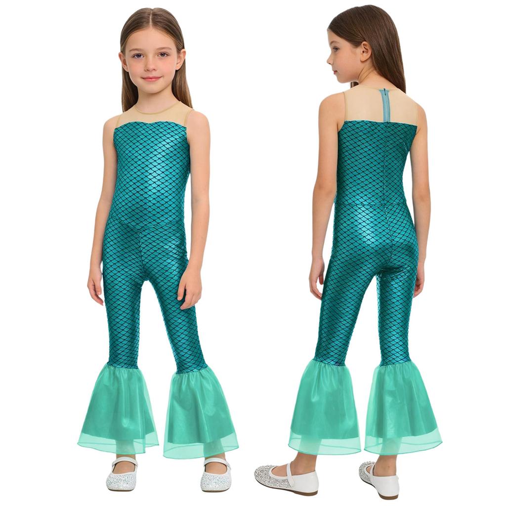 All-in-One Mermaid Halloween Outfit for Kids Girls: Playful Fish Scale Jumpsuit, Easy to Wear for Instant Transformation