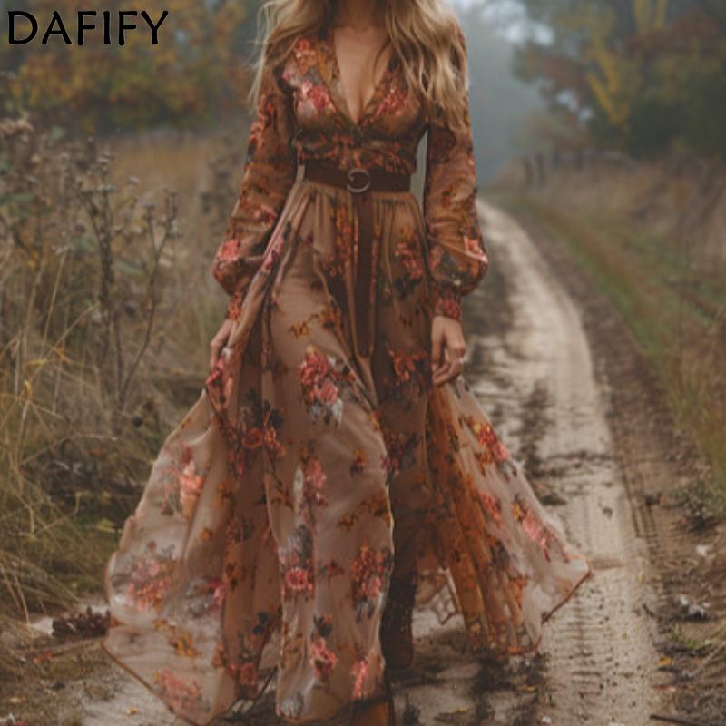 DAFIFY Женская мода весна осень цветочный узор принт с длинным рукавом V-образным вырезом с высокой талией повседневные платья