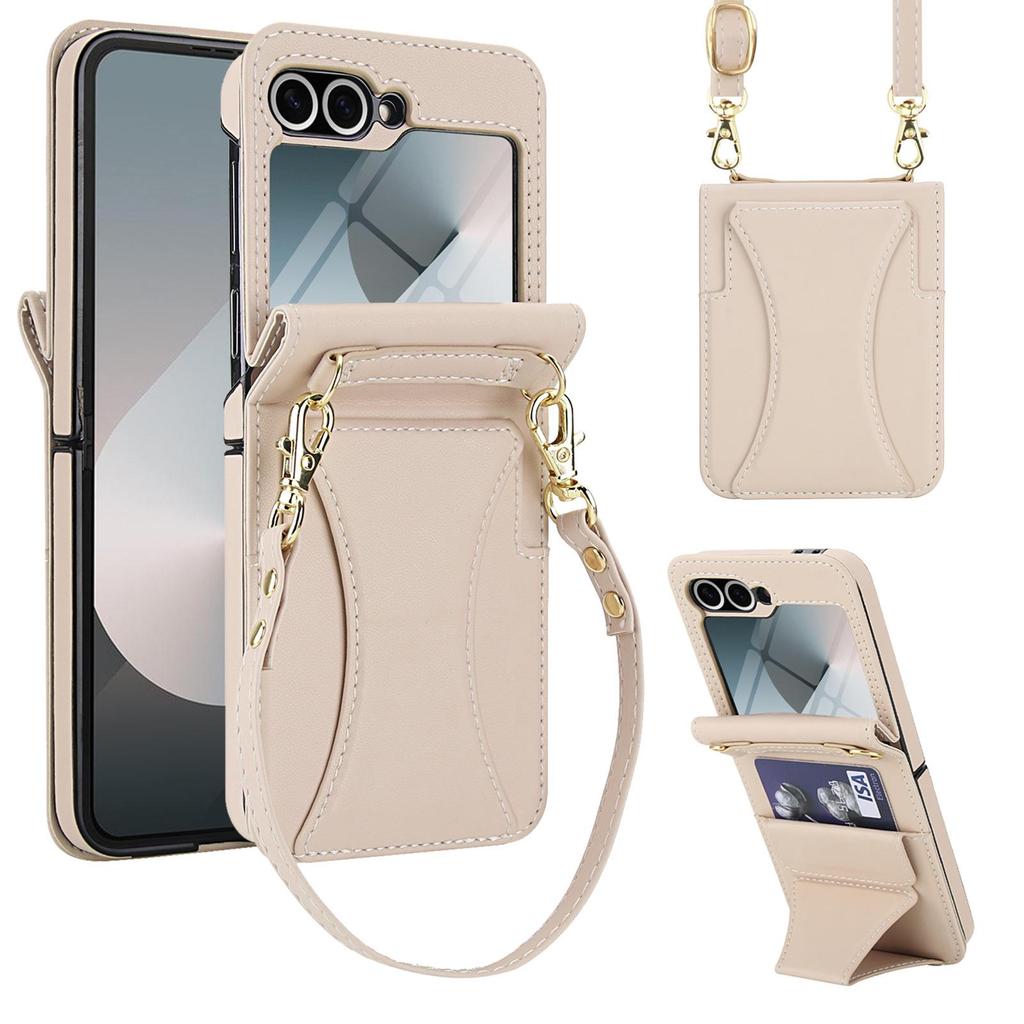 Кожаный чехол-кроссбоди для Samsung Flip6/7 с отделением для карт и защитой из закаленного стекла