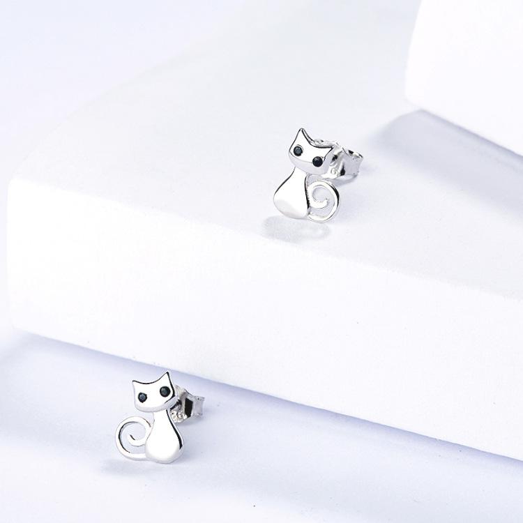 Серьги-гвоздики с очаровательными кошками из стерлингового серебра S925, простые милые корейские серебряные украшения с животными