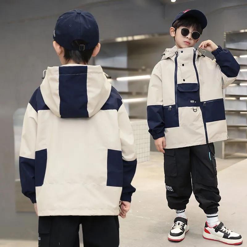 Children's Spring and Autumn Windbreaker Big Children's Thin Western Style Casual Hooded Jacket for Boys