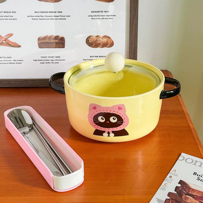 Милая керамическая миска для лапши быстрого приготовления с крышкой, миска для лапши для студенческого общежития, большая вместимость, личная специальная миска для улиточной лапши