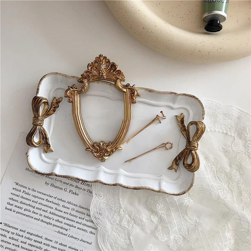 Resin Jewelry Tray with Delicate Gold Bow, Lovely Vanity Storage for Lipstick Rings Earrings Gift for Women