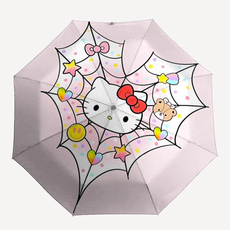1pc Hello Kitty Spider Web Design Automatic Opening/Closing Umbrella with Cute Characters, Foldable Design, Iron Frame, Outdoor Use, Festive Gift for