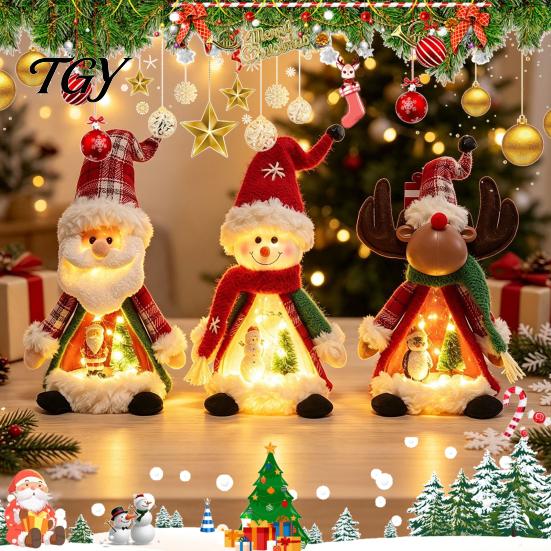 Snowman Holiday Ornament Lighted Christmas Doll Decoration, Cute Plush Santa Claus/Snowman/Reindeer Figurine with Elk Desk Decor Warm LED Light