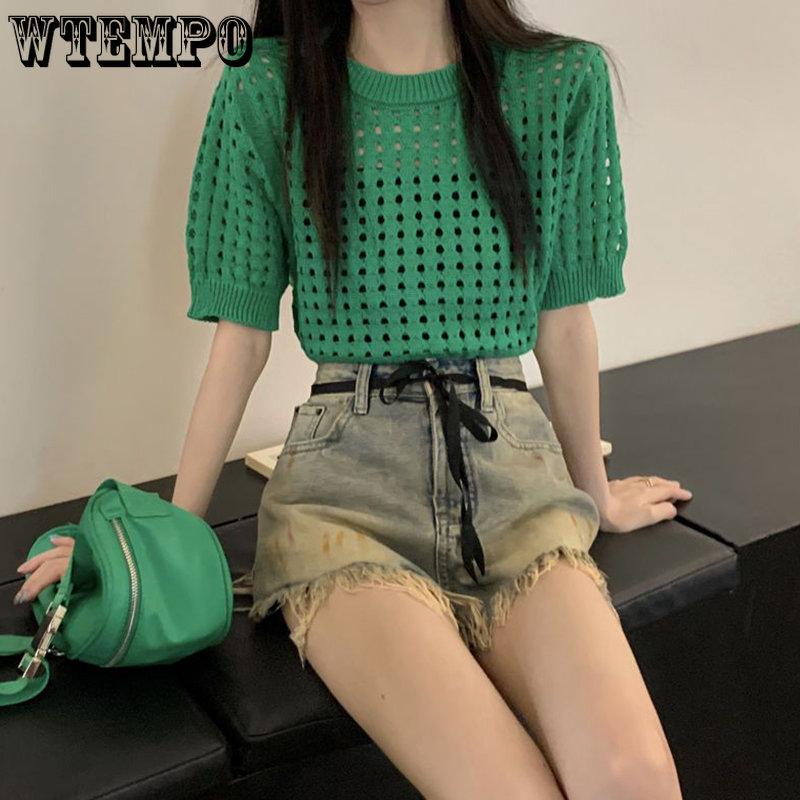 WTEMPO Женский летний ажурный короткий вязаный пуловер с коротким рукавом, тонкий халат, однотонные повседневные топы с круглым вырезом, трикотаж