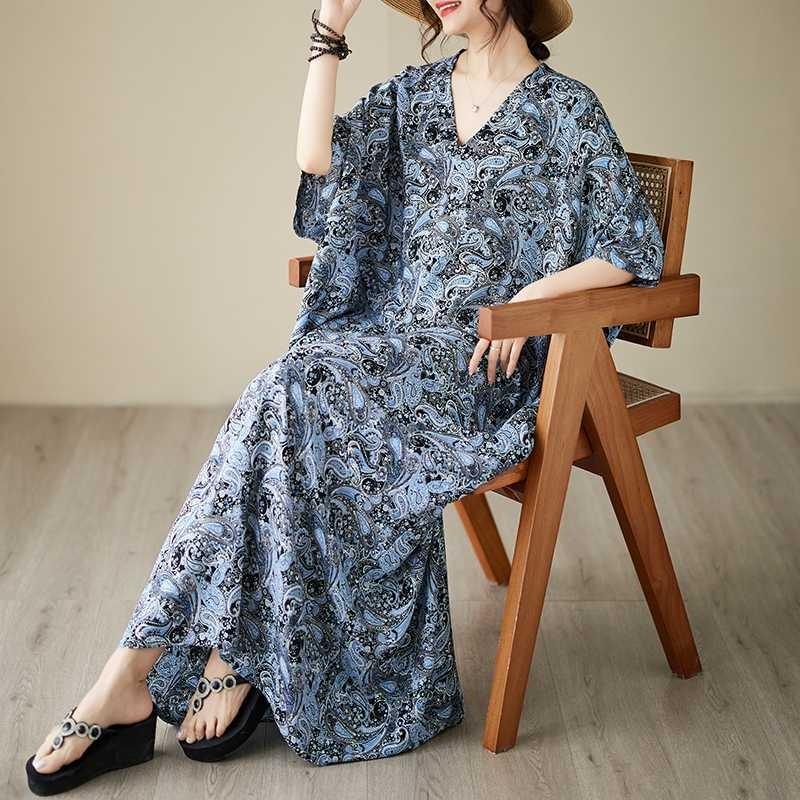 Тонкое платье с V-образным вырезом, большого размера, свободного кроя, в литературном стиле для отпуска, пляжная юбка