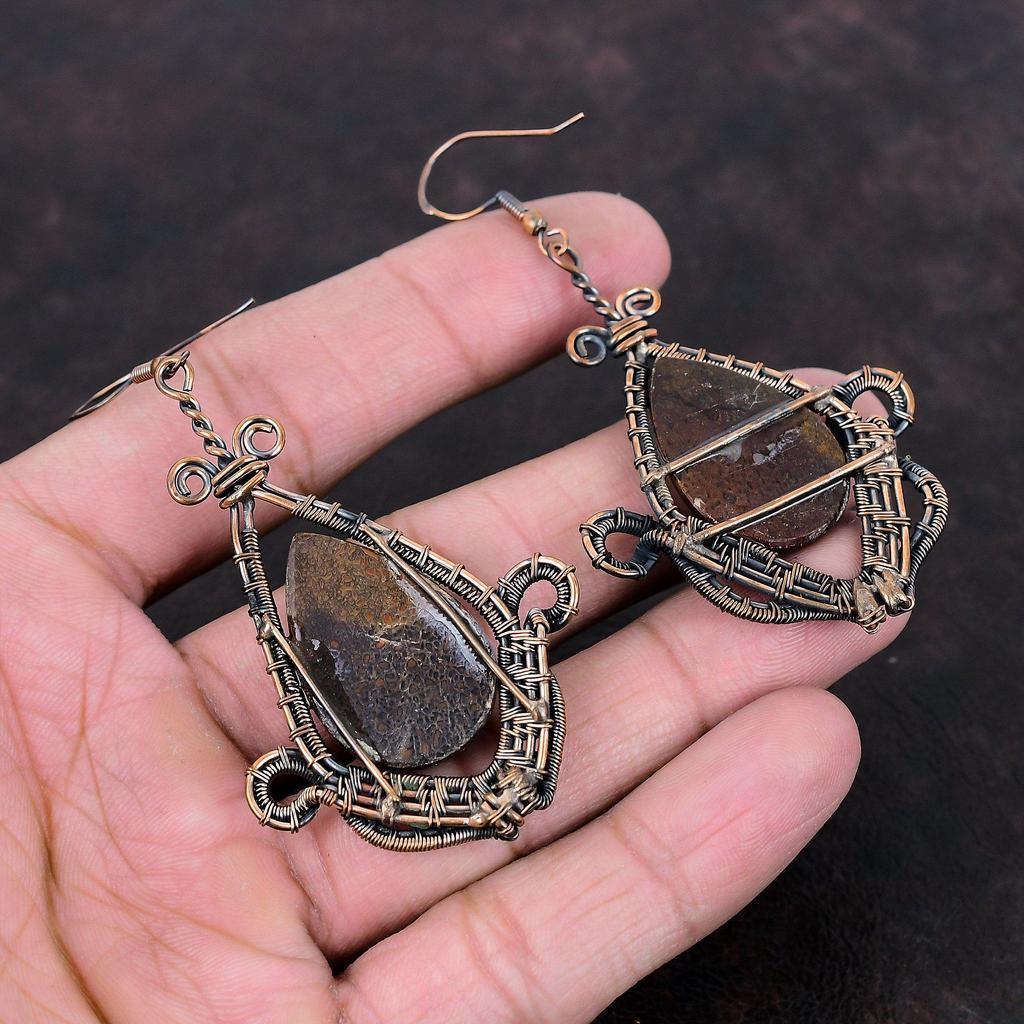 Серьги из кости динозавра, медные серьги, обернутые проволокой, ювелирные изделия из кости динозавра, настоящие серьги из драгоценных камней, серьги ручной работы, подарок для мамы, медные украшения