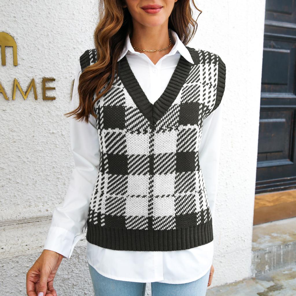 QICED Женская мода, повседневный клетчатый принт, осенне-зимние вязаные жилеты без рукавов с v-образным вырезом