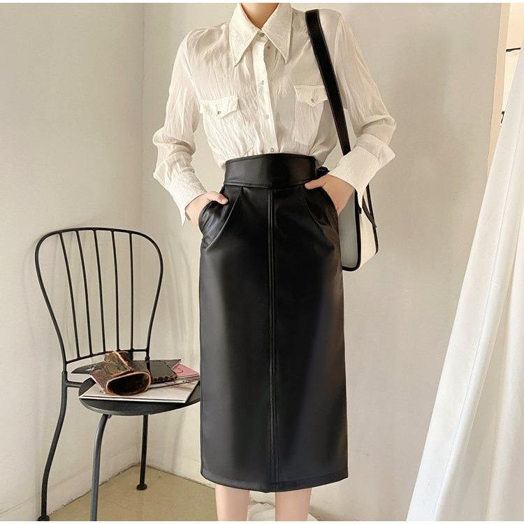 Элегантная юбка из кожи с высокой талией и разрезом на весну для женского сезонного наряда