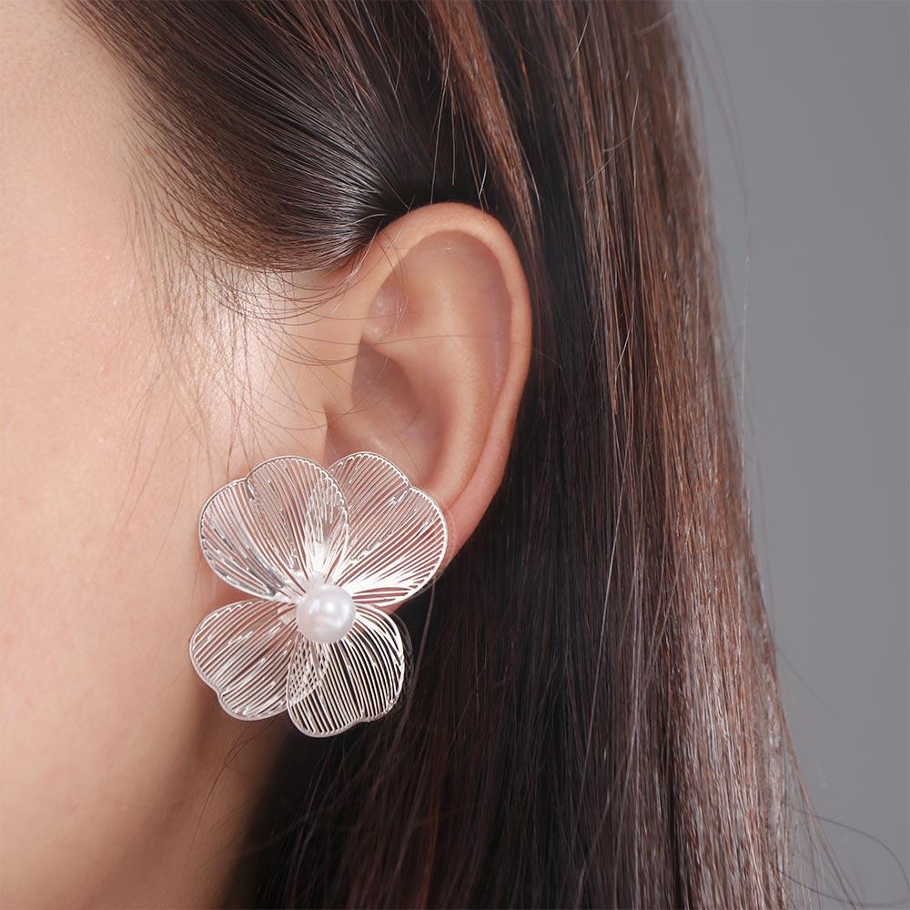 Romantic Elegant Hollow Flower Earrings Big Silver Exaggerated Flower Earrings Jewelry Gifts