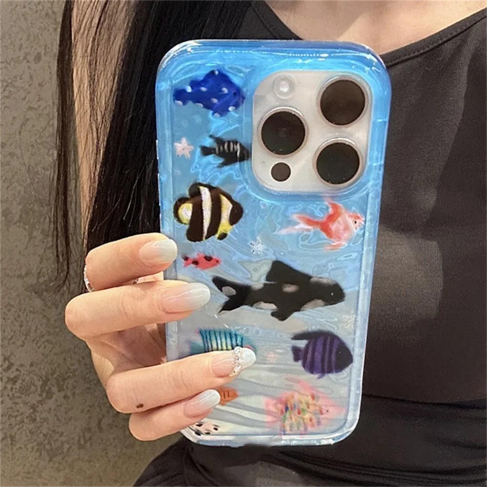Мультяшный аквариум Рыба Оан Животное Чехол для телефона Для iPhone 16 15 13 14 12 Pro Max 11 INS Летний Вода Милый Мягкий Бампер Чехол