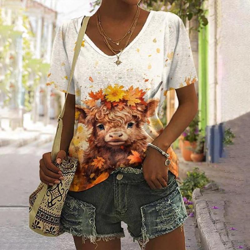 Женская футболка с изображением животных, летняя повседневная футболка с короткими рукавами, милый топ с принтом теленка, уличная мода с 3d принтом, женская одежда в стиле Харадзюку с v-образным вырезом