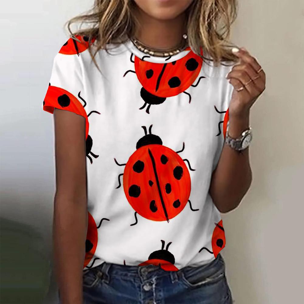Летний топ с круглым вырезом и принтом 3D божьей коровки, модные повседневные женские футболки с короткими рукавами