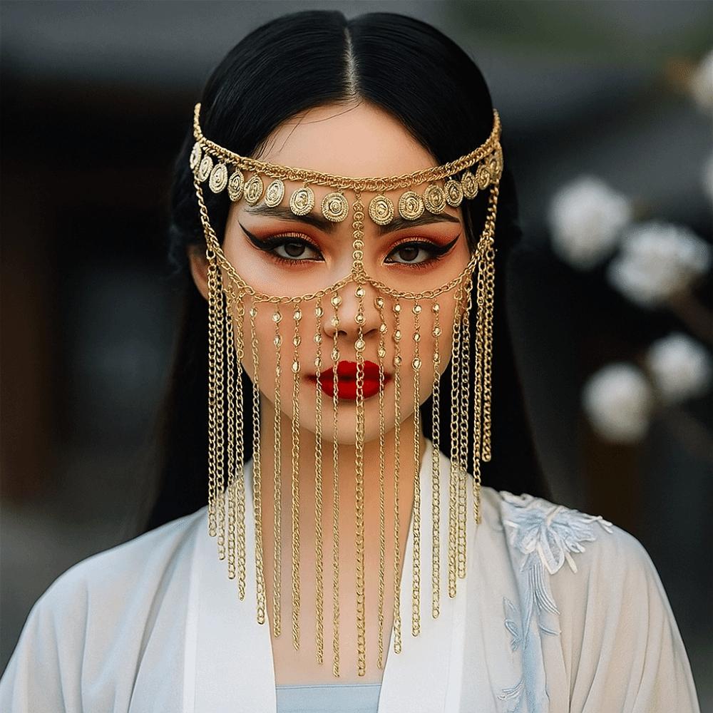 Rhinestone Curtain Head Chain Coin Bell Masquerade Mask Fashion Belly Dance Face Veil  Middle East