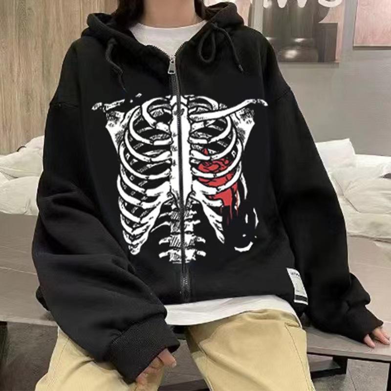 Dark Style Sweatshirt Ladies Hoodie Goth Couple Butterfly Skull Harajuku Large Size Zip Sweater