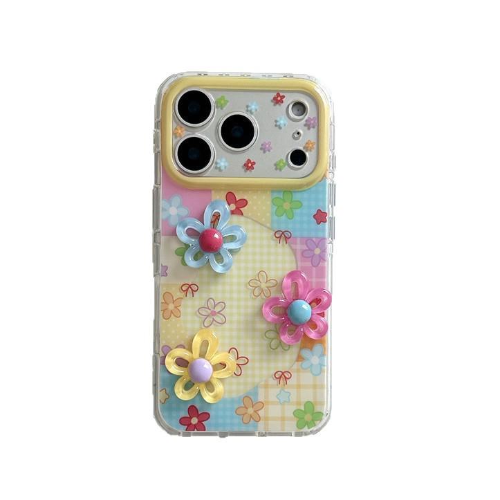 Нишевый чехол с клеткой, цветовыми блоками и 3D-цветами для iPhone 17, 16 Pro Max, 15, 14