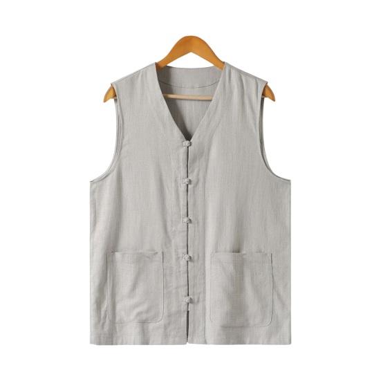 Мужской летний жилет однобортный в ретро-китайском стиле с завязками на пуговицах, свободный, без рукавов, с V-образным вырезом, накладными карманами, однотонный повседневный топ