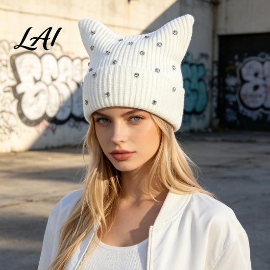 Contrast Color Striped Hat Cat Ear for Women Girls Slouchy Crochet Headgear Fashionable Streetwear Headwear with Shiny Rhinestones Cute Winter Warm