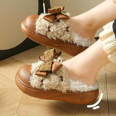 Плюшевые осенние и зимние хлопковые тапочки с бантом для дома на толстой подошве, теплая хлопковая обувь для женщин 36-41