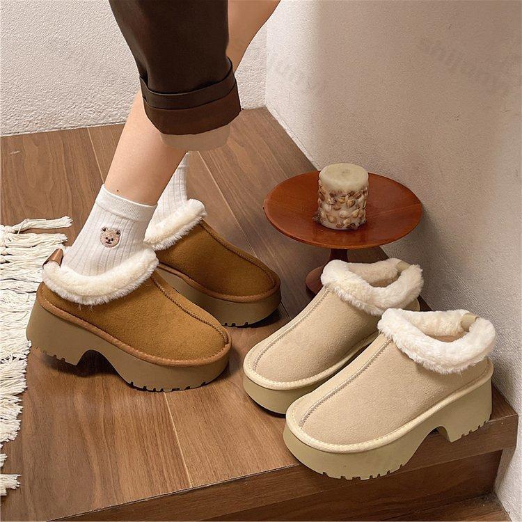 Тапочки из хлопка и меха на высоком каблуке, женская обувь 2024 года, новые дизайнерские замшевые теплые зимние сапоги, зимние повседневные короткие плюшевые тапочки