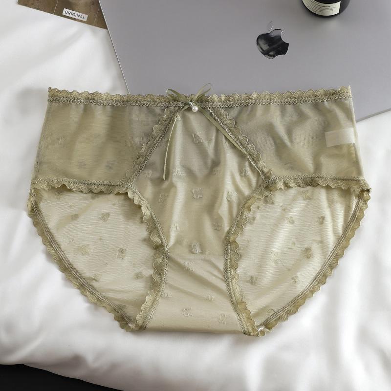 Female Spring and Summer Simple Sexy Lace Stitching Mesh 10A Grade Antibacterial Breathable Mid Waist Underwear