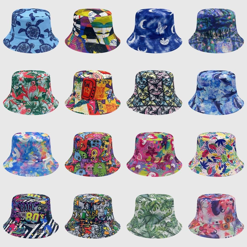 Tie Dye Fisherman Hat Uv Protection Assorted Colors Print Butterfly Cat Cap Leaf