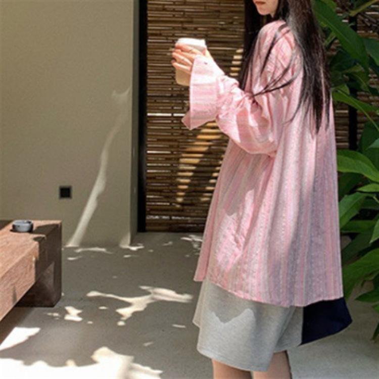 Рубашка в розовую полоску, женская рубашка Lazy Wind, свободная, с длинными рукавами, солнцезащитная блузка, куртка, тонкие модели, винтажная, базовая, офисная, повседневная женская рубашка