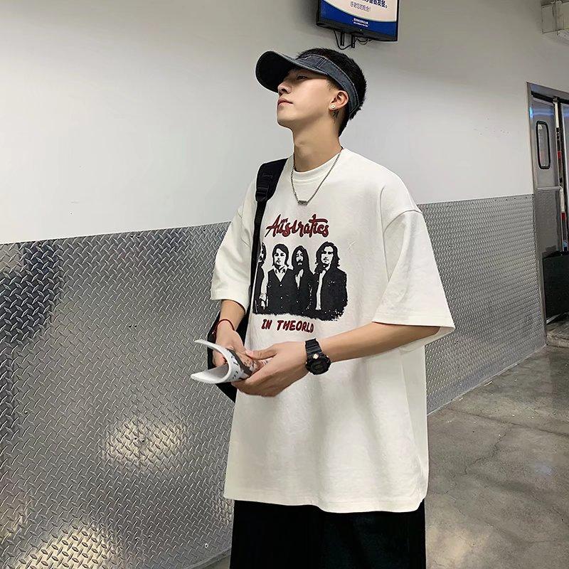 2024 Summer Short Sleeved T-Shirt For Men'S Trendy Five Inch Sleeve Versatile Casual Loose Student Half Sleeved T-Shirt Daily Fashion Printed Top