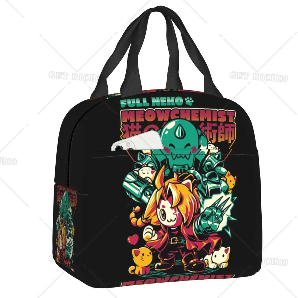 Satanic Cat Insulated Lunch Bag Waterproof Thermal Cooler Lunch Box with Side Pocket for Women Men Kids Camping Travel