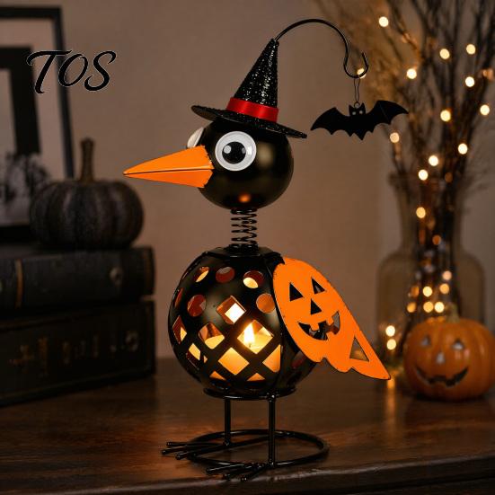Creative Halloween Gift Wrought Iron Crow And Pumpkin Ornament, Metal Bird Candle Holiday Home Accents Holder Statue with LED for Table Decor