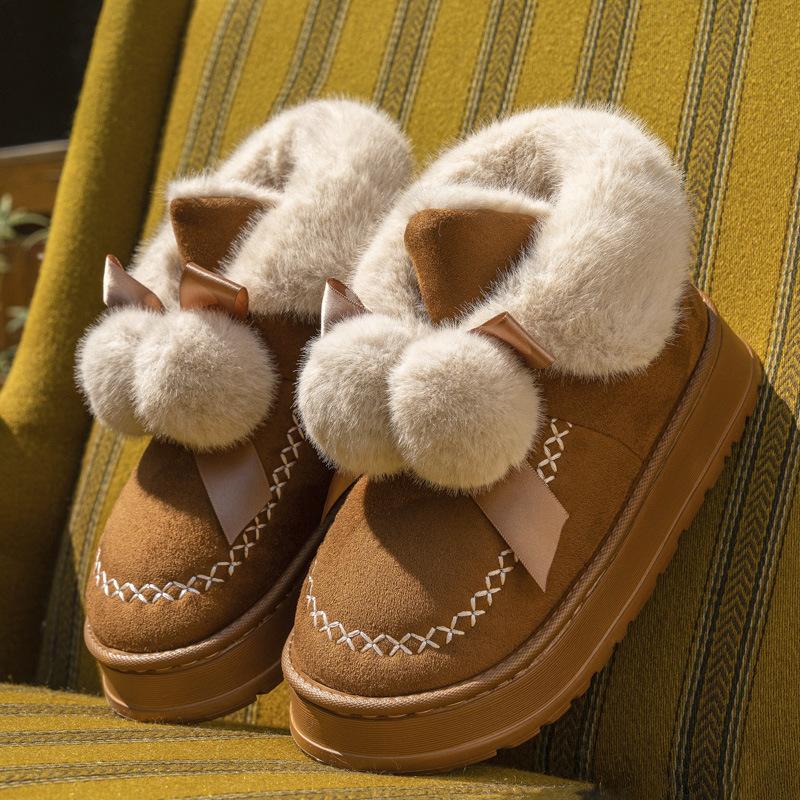 Зимний бант двойной помпон снежные хлопковые ботинки модные средней высоты меховая отделка толстая подошва увеличение роста тепло и противоскольжение хлопковые ботинки