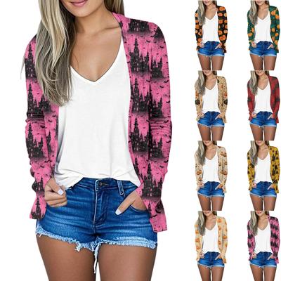 Женский свободный удобный повседневный модный кардиган с длинным рукавом и принтом на Хэллоуин