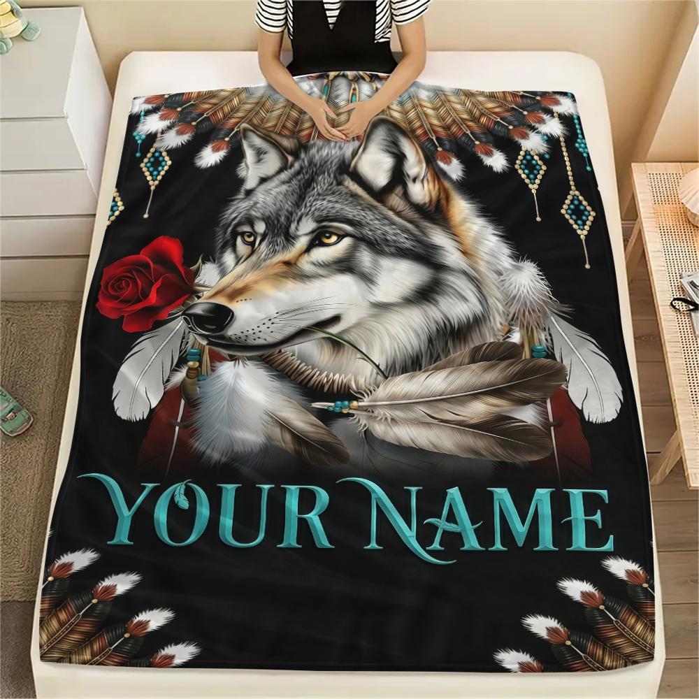 1PC Custom Name Wolf Family MoonNight Patterned Flannel Blanket Suitable For All Seasons for Home Decor Warmth and Comfort Gifts Holiday Present_lx
