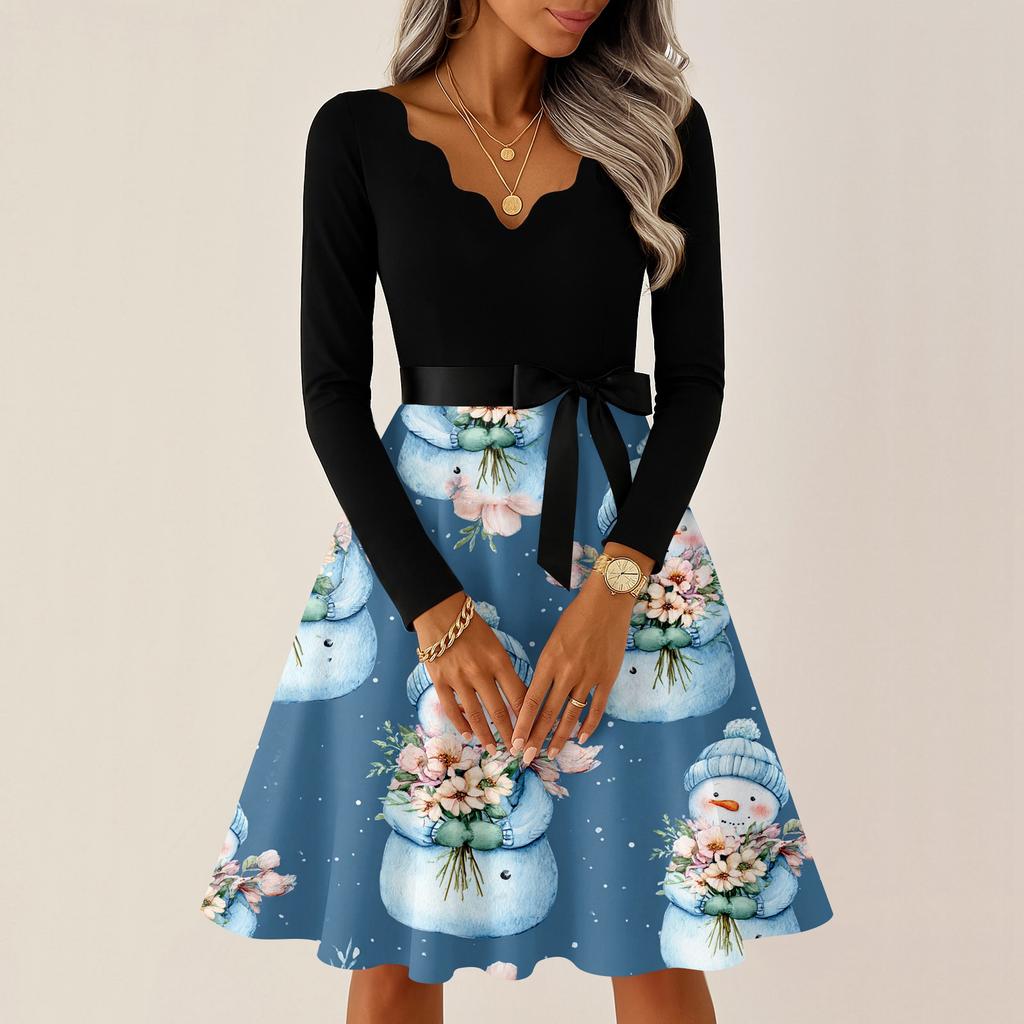 Women's Casual Fashion V-neck Long Sleeved Retro Christmas Print Retro Dress