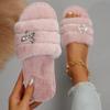 Warm Furry Slippers Women Thick Fluffy Fur Slippers Butterfly Crystal Rivet House Flip Flops Home Slides Flat Indoor Floor Shoes