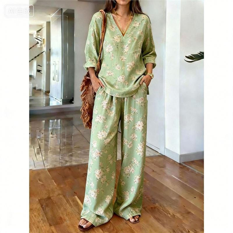 Spot Y1 bohemian V-neck top wide-leg pants two-piece women's clothing European and American fashion suit