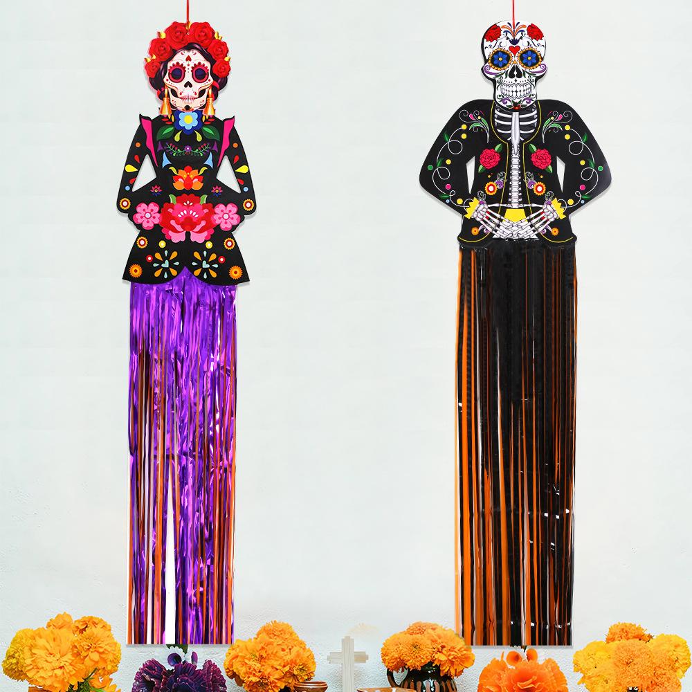 Mexico Day of the Dead Porch Sign Halloween Party Outdoor Decor Skeleton Ghost Couple Bride and Groom Patio Door Hanging Flags